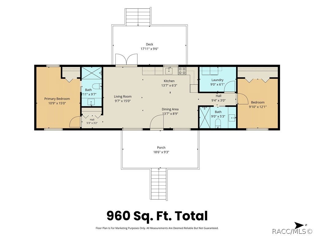 6230 W Glen Robbin Court, Crystal River, FL 34429 Floor Plan Convenient floor plan illustrating the home's 2-BEDROOM, 2-BATH layout, OPEN LIVING & DINING AREAS, kitchen, indoor laundry, COVERED FRONT PORCH & REAR DECK. Floor plan measurements are approximate.
