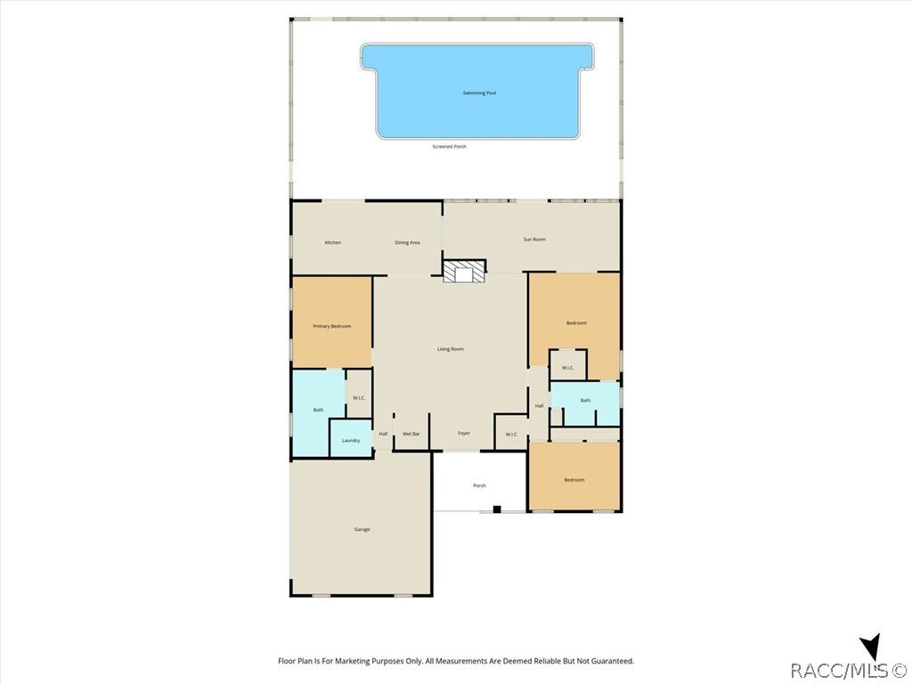 11806 W Riverhaven Drive, Homosassa, FL 34448 Color floor plan of the main level and pool.