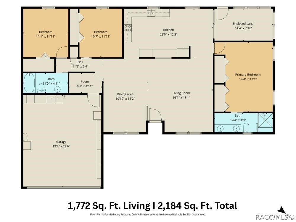 FLOOR PLAN  Thoughtfully designed 3BD/2BA + BONUS ROOM offering 1,772 SQFT OF LIVING SPACE and 2,184 SQFT TOTAL! The spacious layout features an OPEN LIVING & DINING AREA, generously sized kitchen, SPLIT-BEDROOM DESIGN for added privacy, comfortable PRIMARY SUITE w/private bath, two guest bedrooms, guest bathroom & ATTACHED 2-CAR GARAGE!