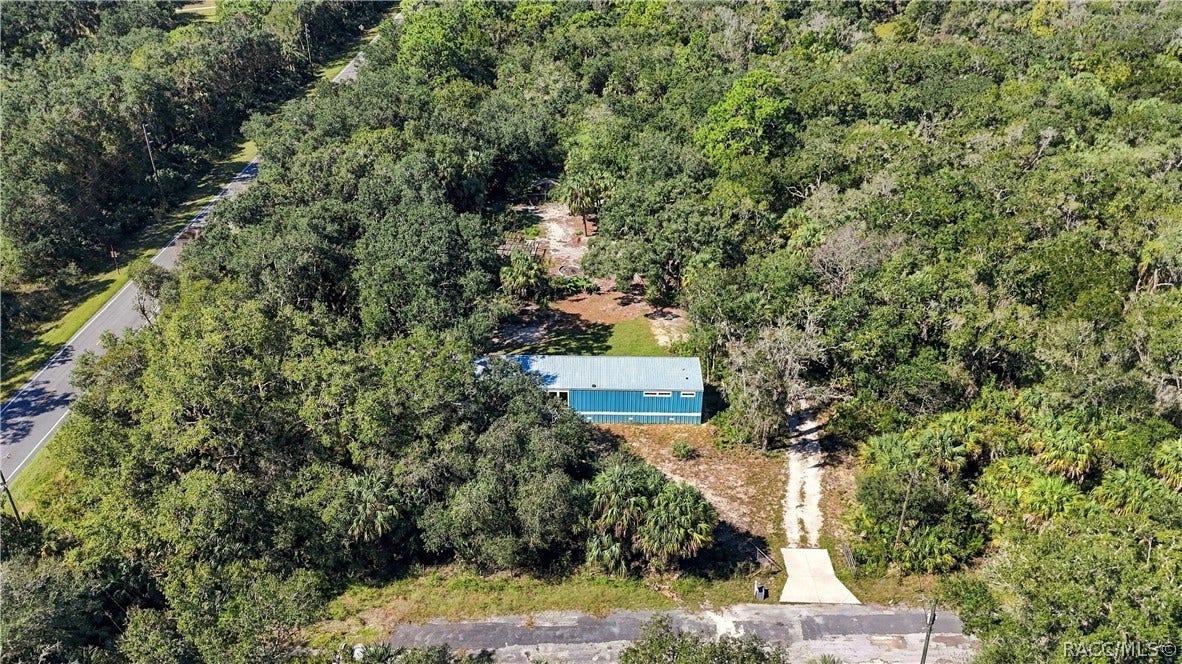 7528 N Chabaud Terrace, Crystal River, FL 34428 A BIRD'S-EYE VIEW! An aerial perspective showcases the home's wooded surroundings, natural landscape & driveway leading to the property.