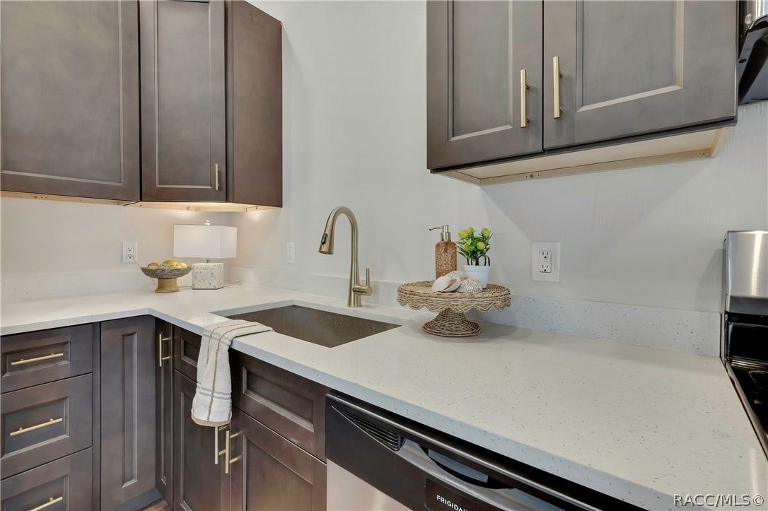 4737 S Sawmill Way, Homosassa, FL 34448 Kitchen sink close-up: brushed-gold gooseneck faucet, dark undermount sink, white speckled counters, dark cabinets with gold pulls, a striped towel over the cabinet door, a Frigidaire dishwasher at the right, the edge of the range at the far right, a wicker cake stand with shells, a soap dispenser and a small potted plant on the counter, under-cabinet lighting, and a small lamp and bowl in the corner at the left.