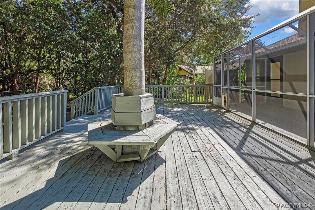4737 S Sawmill Way, Homosassa, FL 34448 Wood deck: grey wood deck planks, railing, a built-in bench around a palm tree trunk in the centre, steps at the right down to the lawn, the screen enclosure at the left with blue doors, palm trees, a chain-link fence, and lawn and trees beyond.