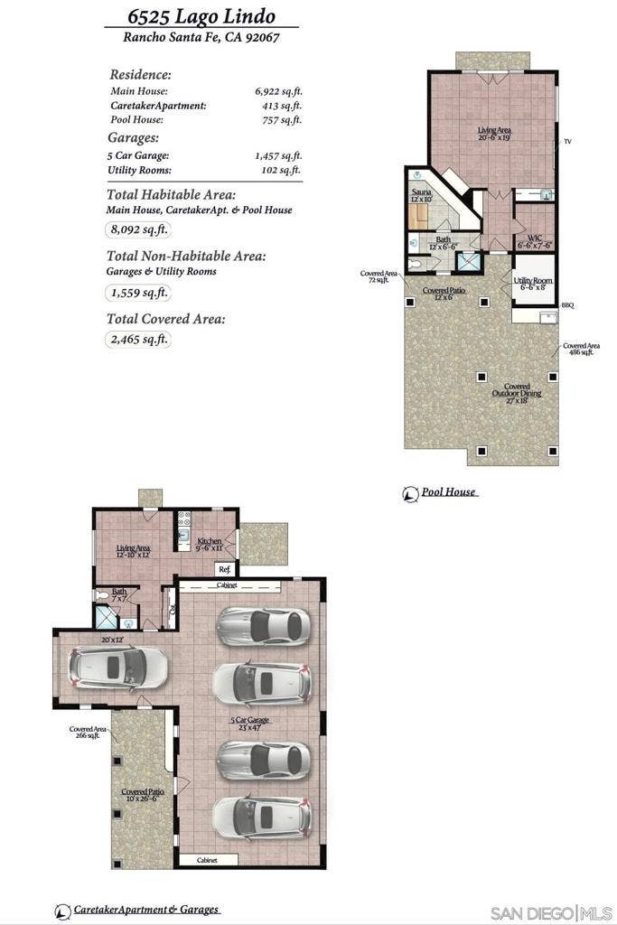 Floor Plan of the Garage and Caretaker's Apartment and Cabana with Break Down of total sf.