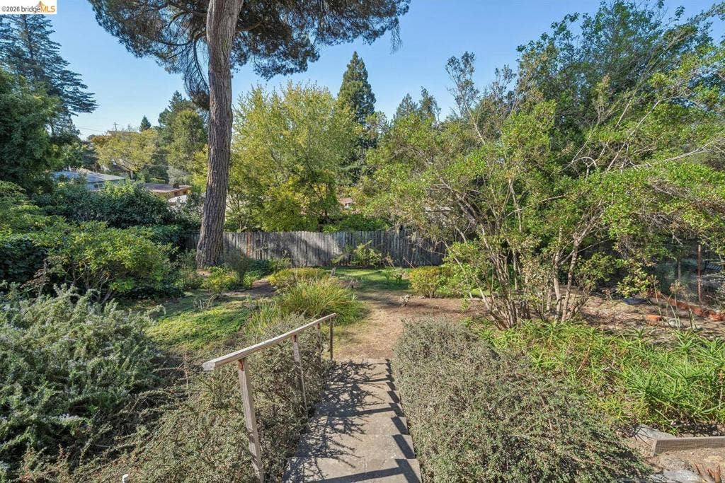 Terraced landscaping featuring mature trees and established plantings