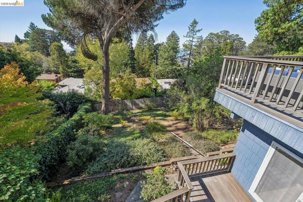 Expansive backyard featuring mature trees and established greenery