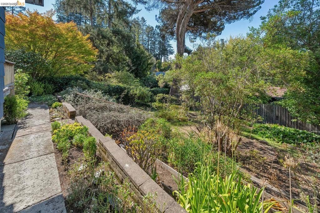 Tiered landscaping with mature trees, established plantings, and concrete retaining walls