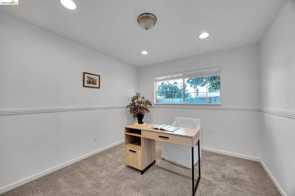 1509 Poppy Way, Antioch, CA 94509 Recessed lighting, window with blinds, upper wall molding, flush-mount ceiling light, and carpet flooring