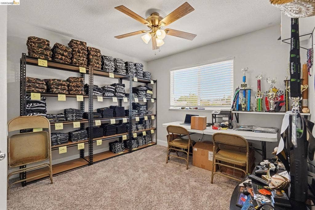 304 Greystone Dr, Antioch, CA 94509 Neutral-toned interior room featuring wall-to-wall carpeting, a multi-blade ceiling fan with integrated lighting, and a single-pane window with horizontal blinds
