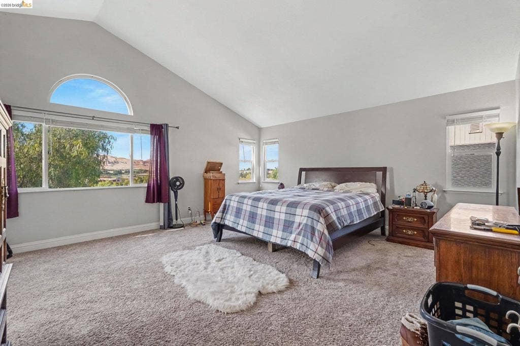 304 Greystone Dr, Antioch, CA 94509 Vaulted ceiling featuring an arched window, carpeted flooring, and large horizontal windows with mountain scenery