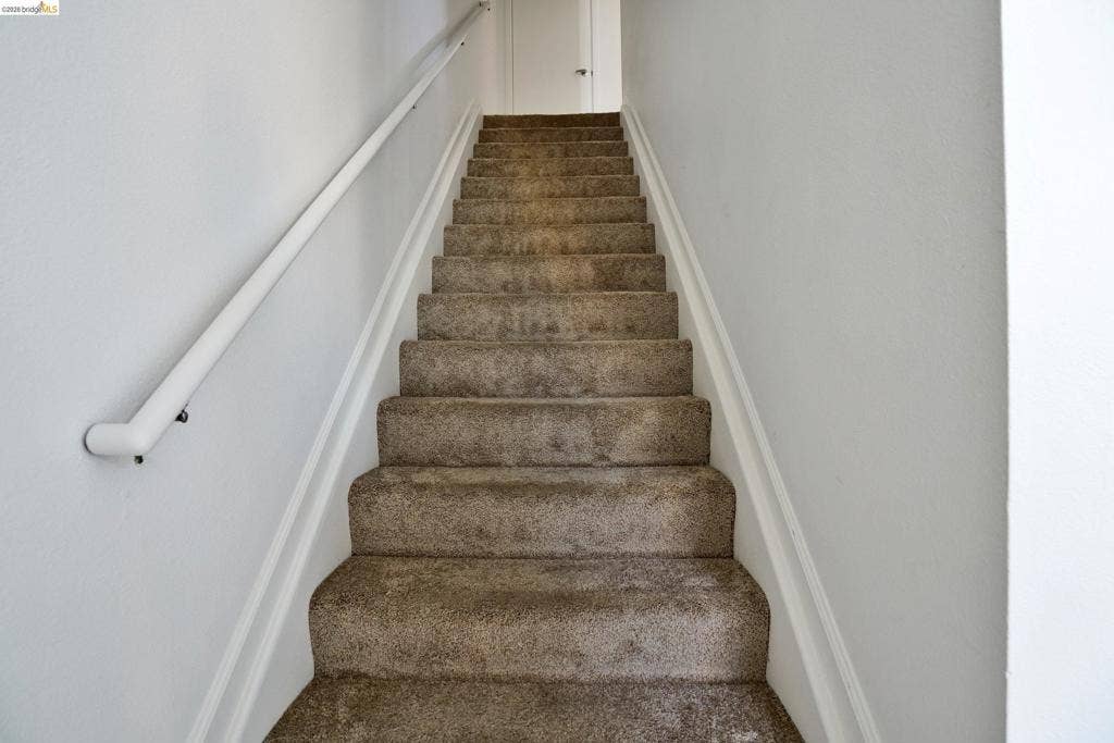 Staircase featuring wall-to-wall carpeting and a white handrail