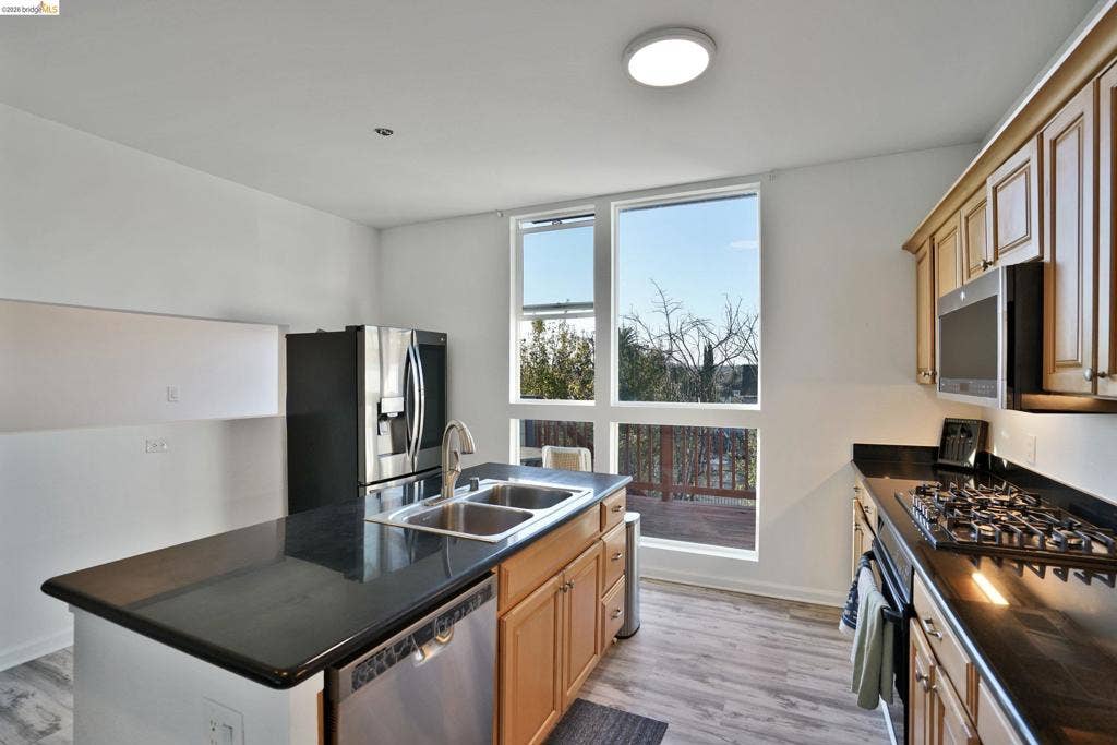 Kitchen featuring light-finish wood cabinetry, dark stone countertops, stainless steel appliances, wood-finish flooring, and large window panels