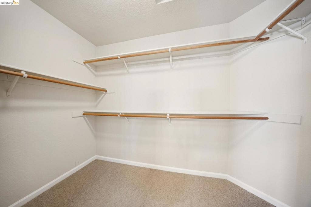 5503 Rainbow Cir, Santa Rosa, CA 95409 Walk-in storage space featuring neutral carpeting, white wall finishes, and tiered shelving with integrated wood-finish garment rods