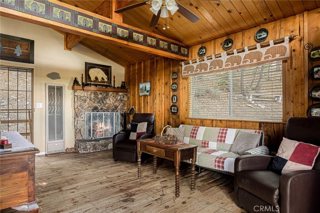 2151 Tank Road, Arrowbear, CA 92382 Living room with knotty pine ceilings.