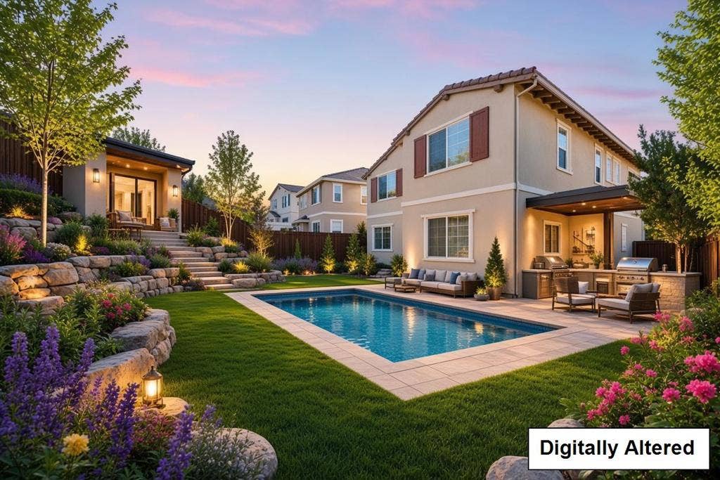 Antioch, CA 94531 Backyard idea with garden and BBQ area, ADU and pool.