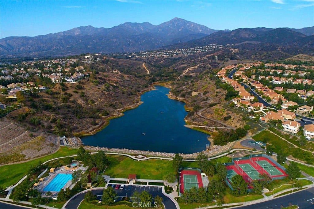 71 Golf Ridge Drive, Rancho Santa Margarita, CA 92679 Aerial of Pool, Tennis Courts, and Reservoir
