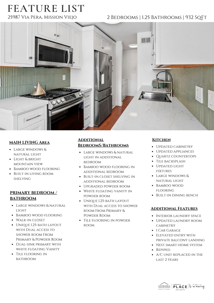 25987 Via Pera, Mission Viejo, CA 92691 Feature List