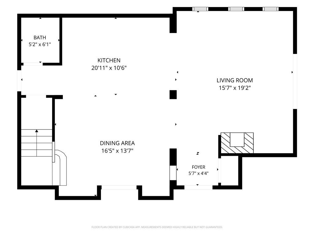 28242 Camino Del Rio, San Juan Capistrano, CA 92675 First level floor plan illustrating the homes kitchen, dining area, living room, powder bath, and foyer with room dimensions.