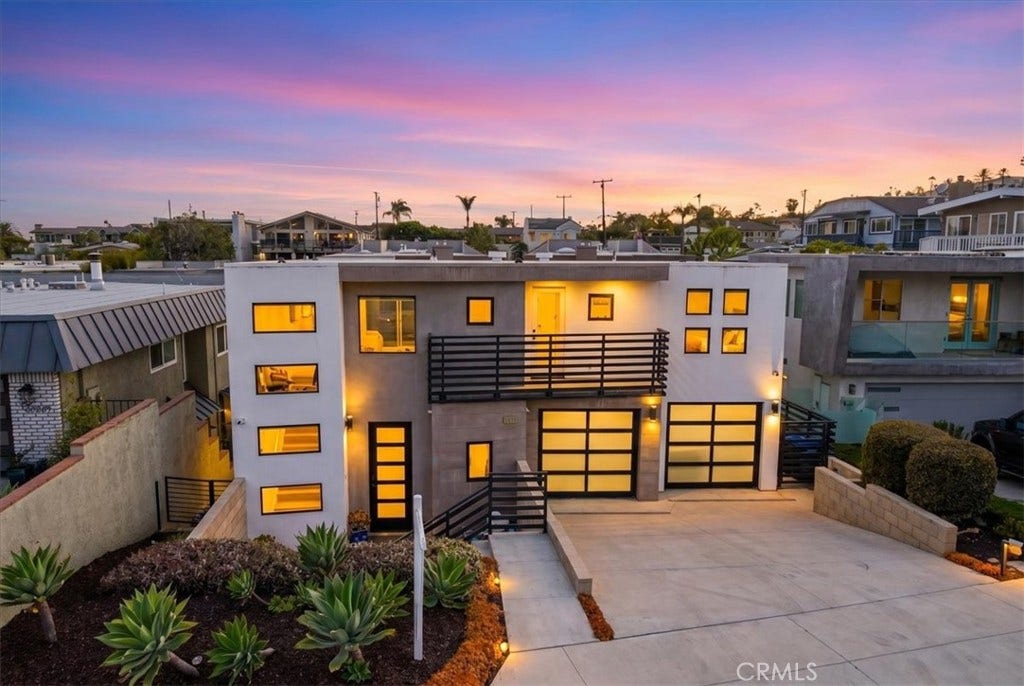 Front of the home at twilight.