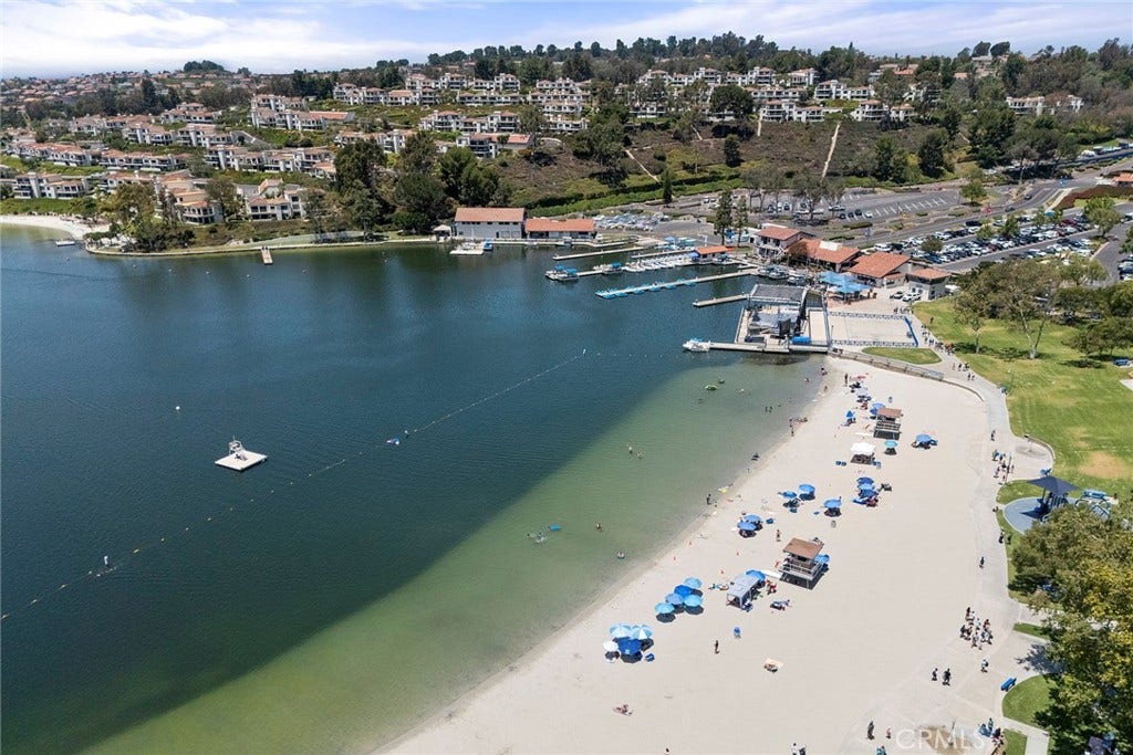 Drone shot of Lake Mission Viejo Private beach for residence