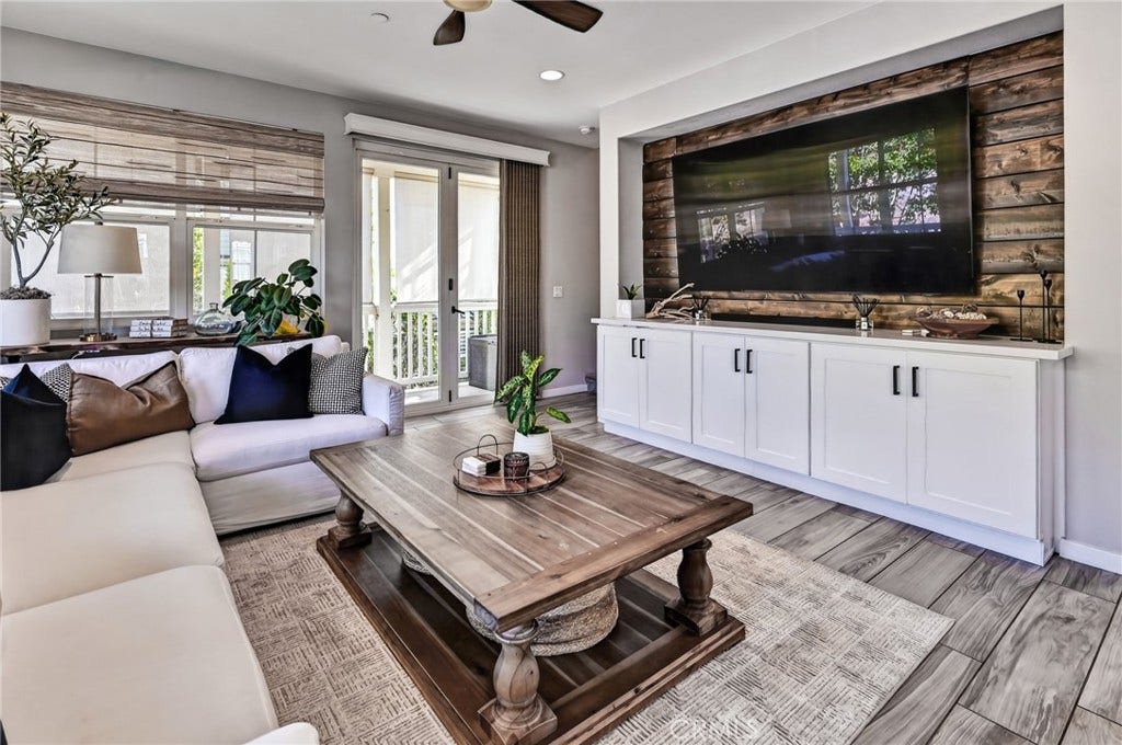 14 Marisol, Rancho Mission Viejo, CA 92694 Family Room has upgraded built in cabinets and rustic wood accents behind the TV area.