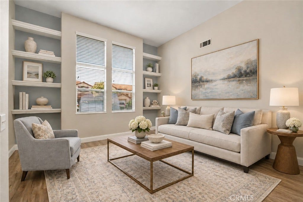 32440 Magenta Court, Temecula, CA 92592 Spacious And Versatile Front Room Featuring Built-In Shelving, Large Windows, And Wood-Look Flooring, Offering An Inviting Space For A Sitting Room Or Additional Living Area. Digitally Staged
