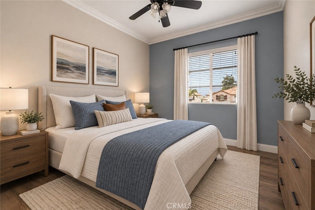 32440 Magenta Court, Temecula, CA 92592 Spacious Secondary Bedroom Featuring An Attractive Accent Wall, Crown Molding, Ceiling Fan, Wood-Look Flooring, And A Large Window Providing Natural Light. Digitally Staged