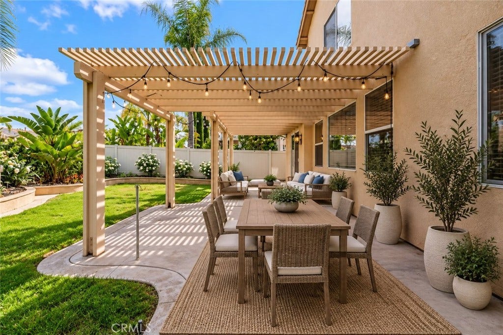 32440 Magenta Court, Temecula, CA 92592 Spacious Pergola-Covered Patio Featuring An Inviting Outdoor Dining Area, Comfortable Seating, And Views Of The Beautifully Landscaped Backyard. Digitally Staged