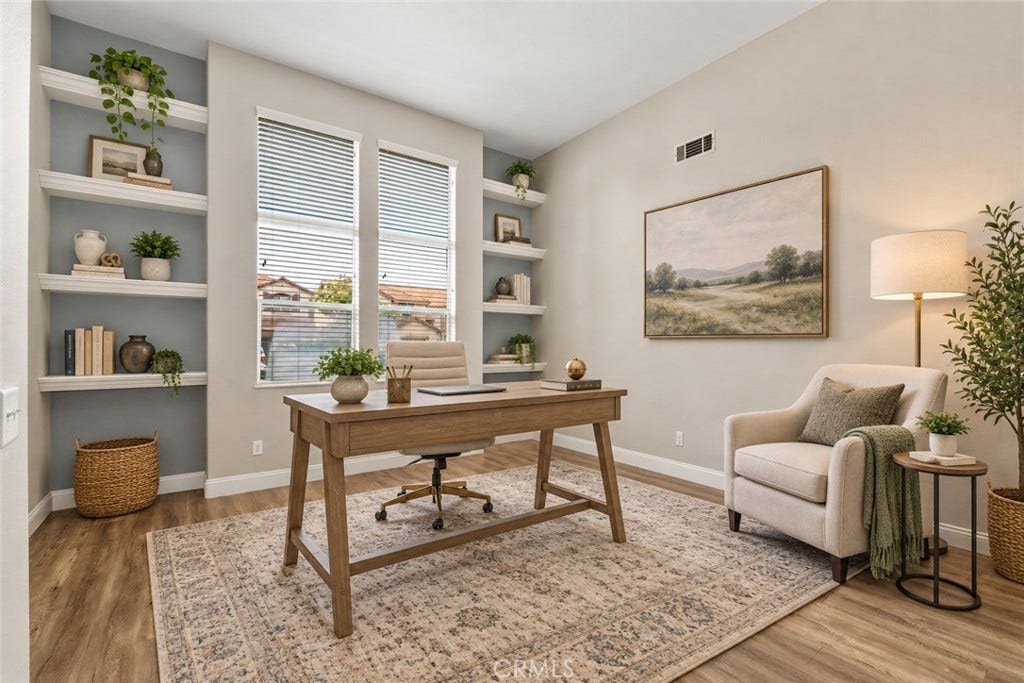 32440 Magenta Court, Temecula, CA 92592 Versatile Front Room Featuring Built-In Shelving, Wood-Look Flooring, And Abundant Natural Light, Beautifully Arranged As A Home Office. Digitally Staged