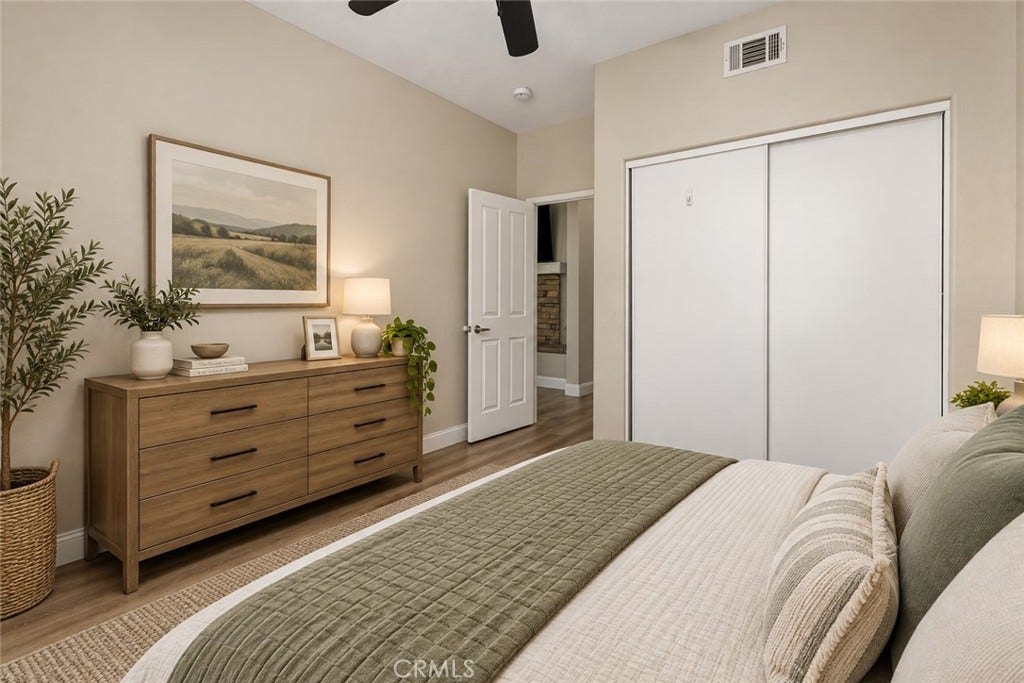 32440 Magenta Court, Temecula, CA 92592 Another View Of The Bedroom Highlighting The Spacious Layout, Sliding-Door Closet, Ceiling Fan, And Attractive Wood-Look Flooring. Digitally Staged