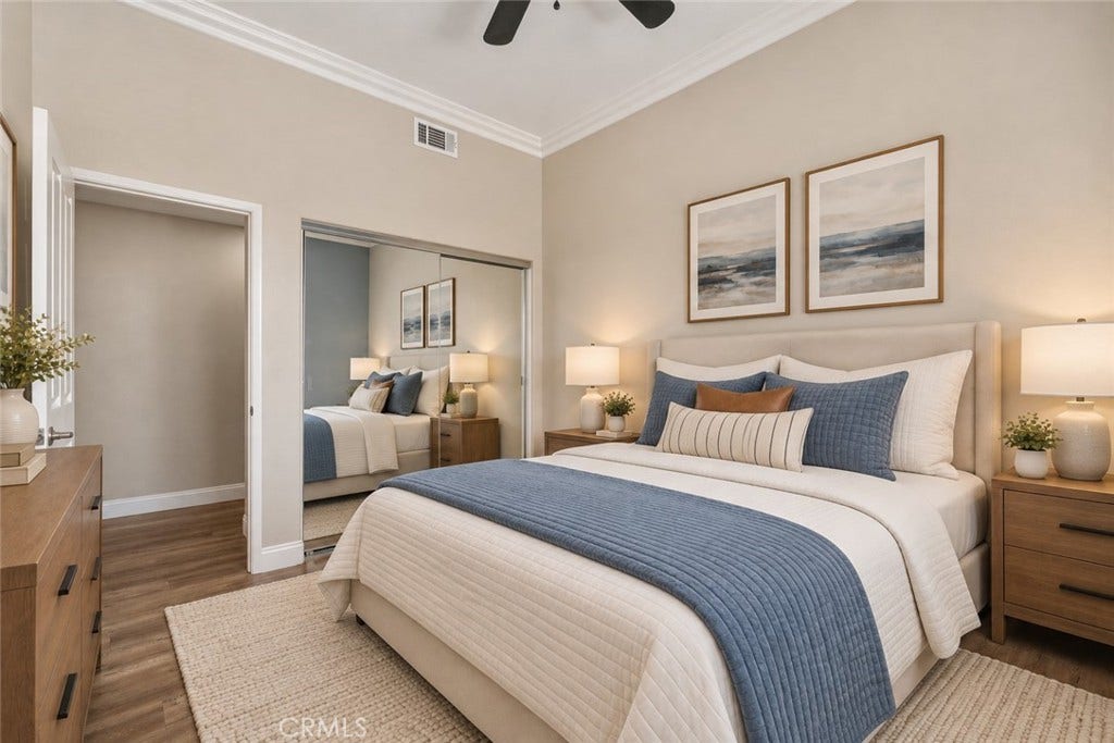 32440 Magenta Court, Temecula, CA 92592 Another View Of The Secondary Bedroom Highlighting The Mirrored Closet Doors, Elegant Crown Molding, Generous Floor Space, And Attractive Wood-Look Flooring. Digitally Staged