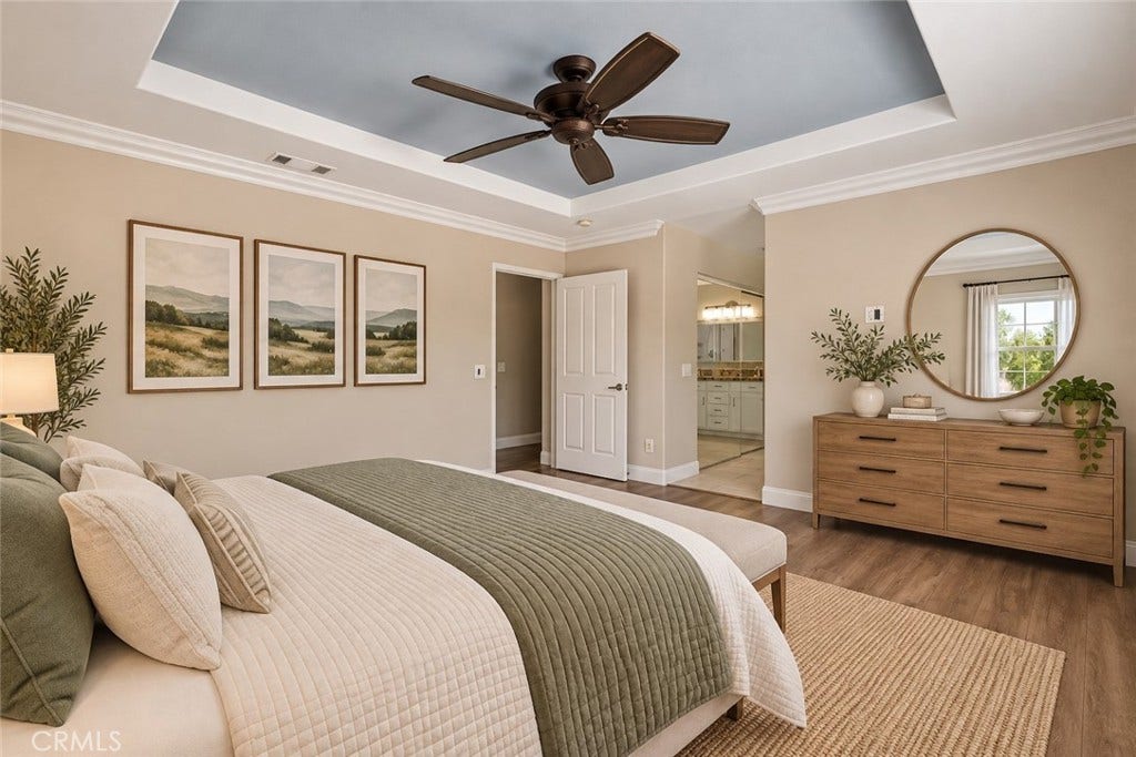 32440 Magenta Court, Temecula, CA 92592 Another View Of The Spacious Primary Suite Highlighting The Elegant Tray Ceiling, Generous Floor Space, And Convenient Access To The Private Primary Bathroom. Digitally Staged