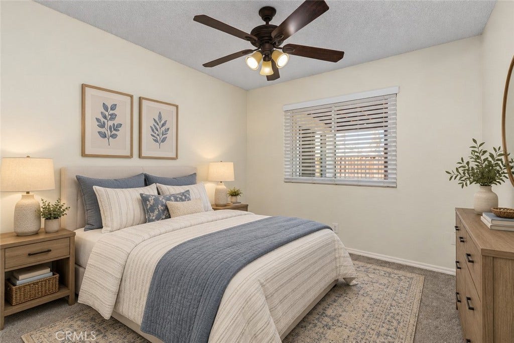 42329 Via Consuelo, Temecula, CA 92592 Secondary bedroom offering soft carpeting, a ceiling fan, and a window bringing natural light into the space. Digitally Staged