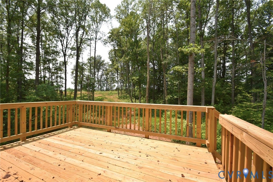 53 Porkchop Court, Louisa, VA 23093 Expansive wooden deck with natural wood railing, surrounded by mature trees