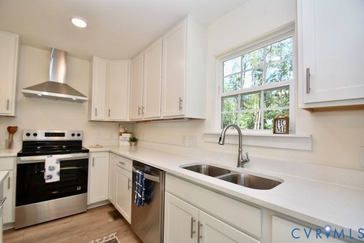 54 Porkchop Court, Louisa, VA 23093 Kitchen featuring white cabinetry, stainless steel appliances, a double basin sink, and light-colored countertops