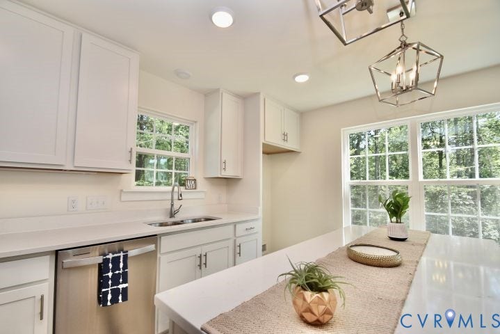 54 Porkchop Court, Louisa, VA 23093 White cabinetry with modern hardware, stainless steel dishwasher, undermount sink with a gooseneck faucet, light-toned countertops, and recessed lighting