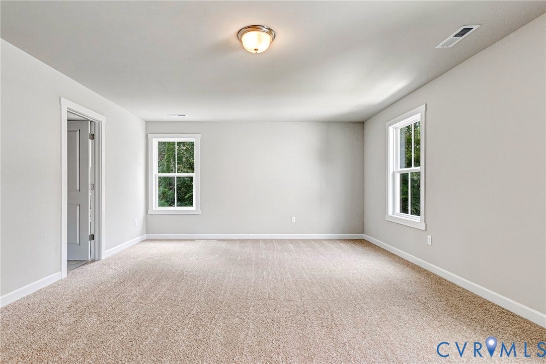 Neutral wall paint, plush carpet flooring, two double-hung windows, classic ceiling-mounted light fixture, white trim throughout