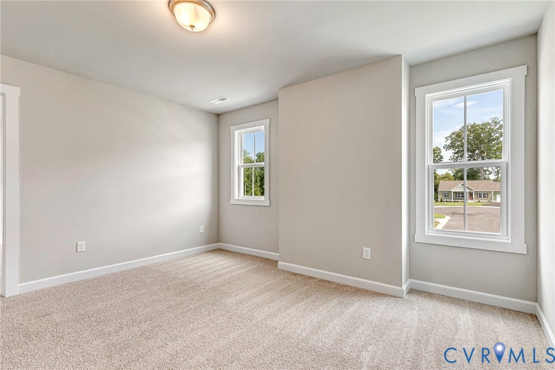 Neutral-toned carpeting, light gray wall paint, and white trim accents
