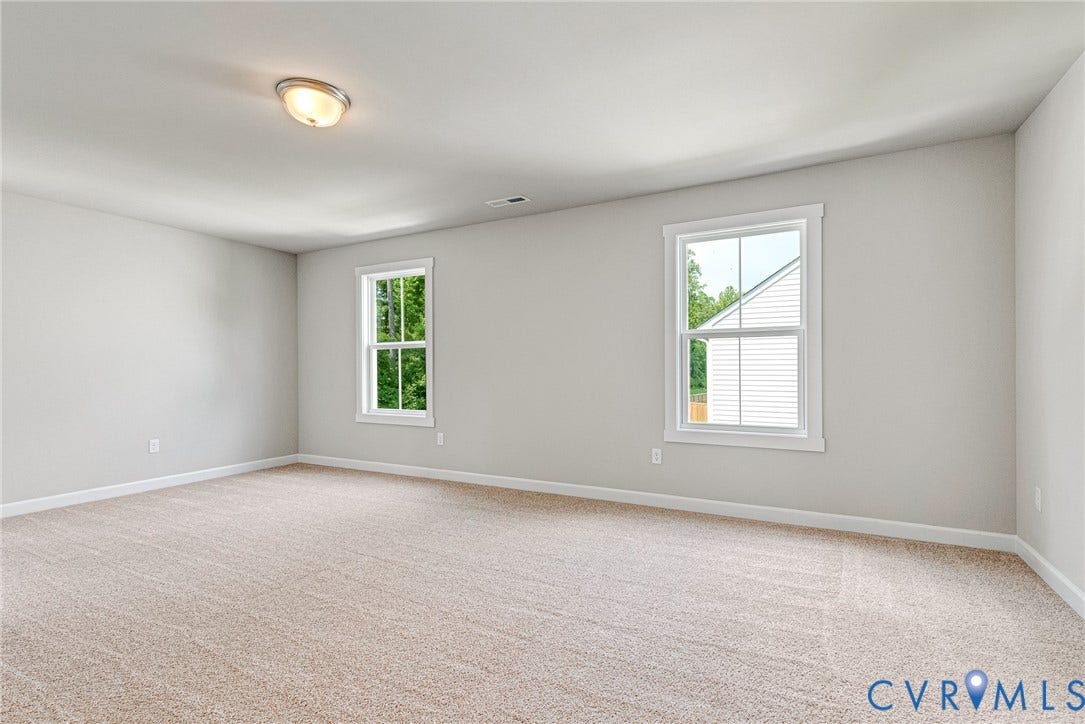 Neutral wall color, carpet flooring, flush mount lighting, and two double-hung windows