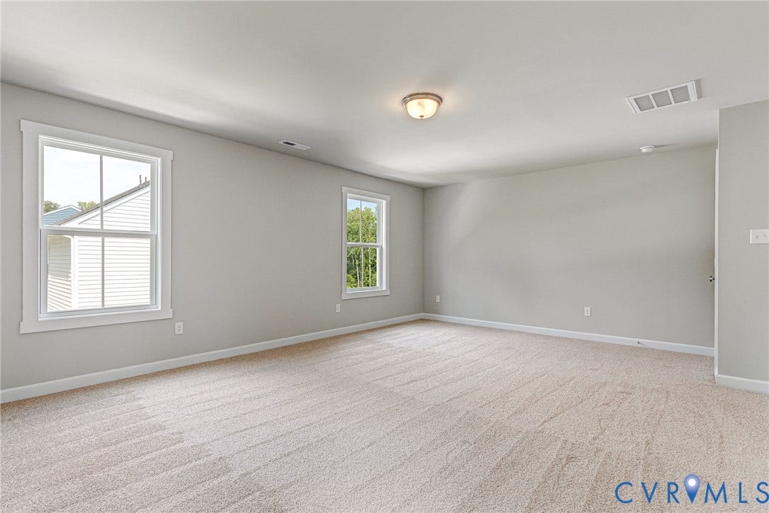 Neutral carpet flooring, light-toned wall paint, two double-hung windows with white trim, and a flush mount ceiling light