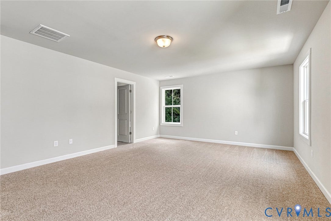 Carpeted flooring, neutral wall tones, two windows with white trim, and a semi-flush ceiling light fixture