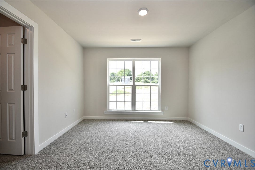 Neutral-toned room featuring a large window with muntins, gray carpeting, white trim, and a flush-mount ceiling light