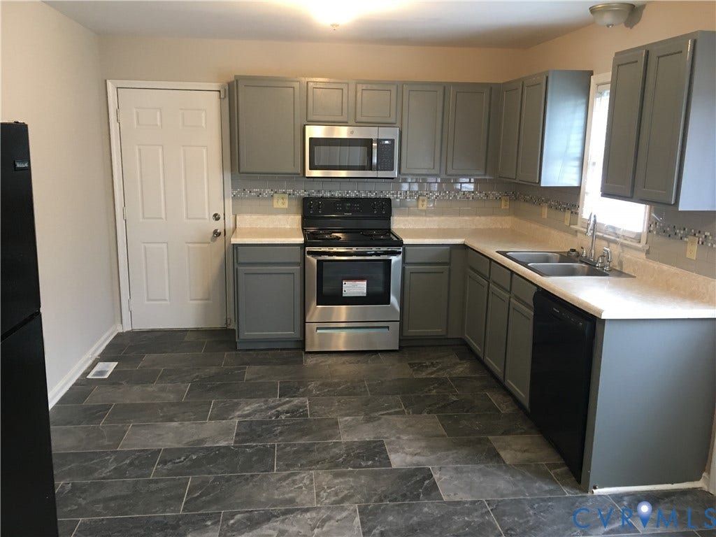 5104 Highberry Woods Road, Richmond, VA 23112 Kitchen with gray cabinets, black appliances, light countertops, and decorative backsplash