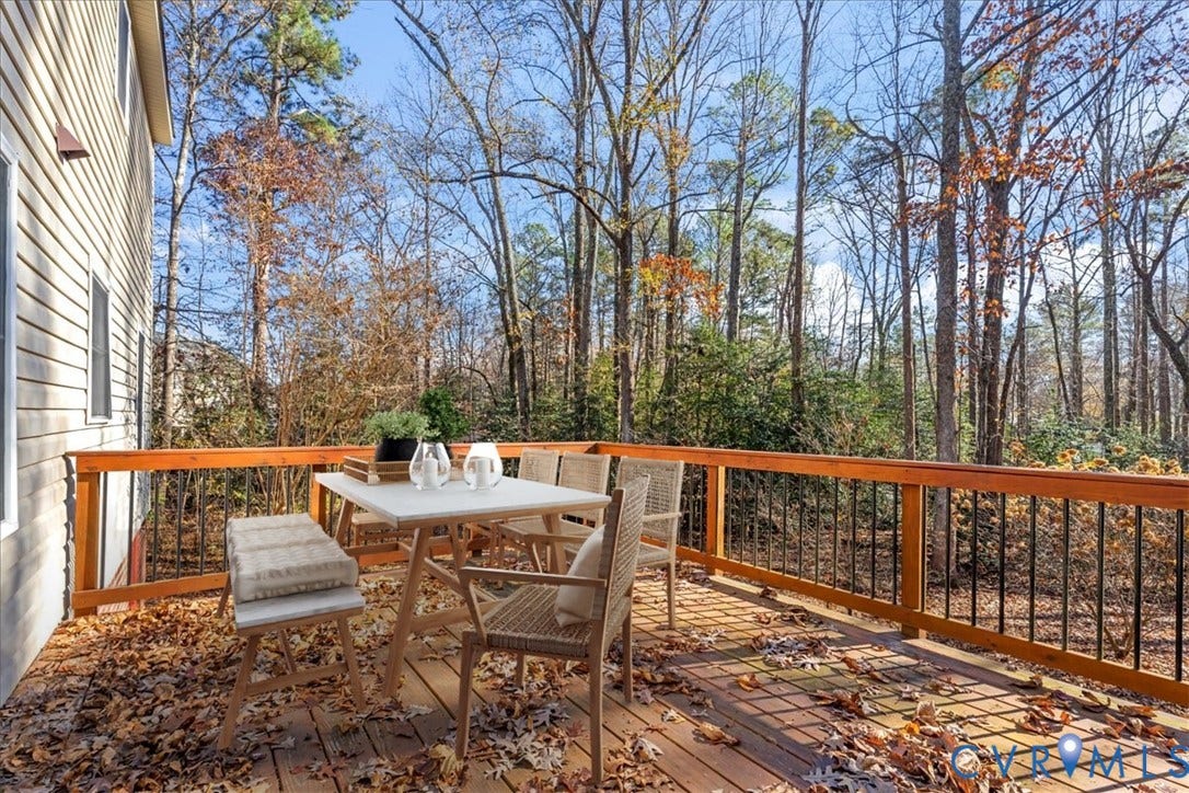 2739 Ridgeview Road, Spencerwood West, Powhatan, VA 23139 Wooden deck featuring outdoor dining area