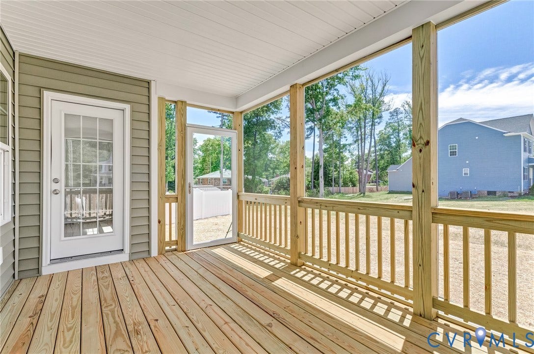 12606 Poplar Village Place, Poplar Village, Chester, VA 23831 Expansive screened porch featuring natural wood decking and white railings
