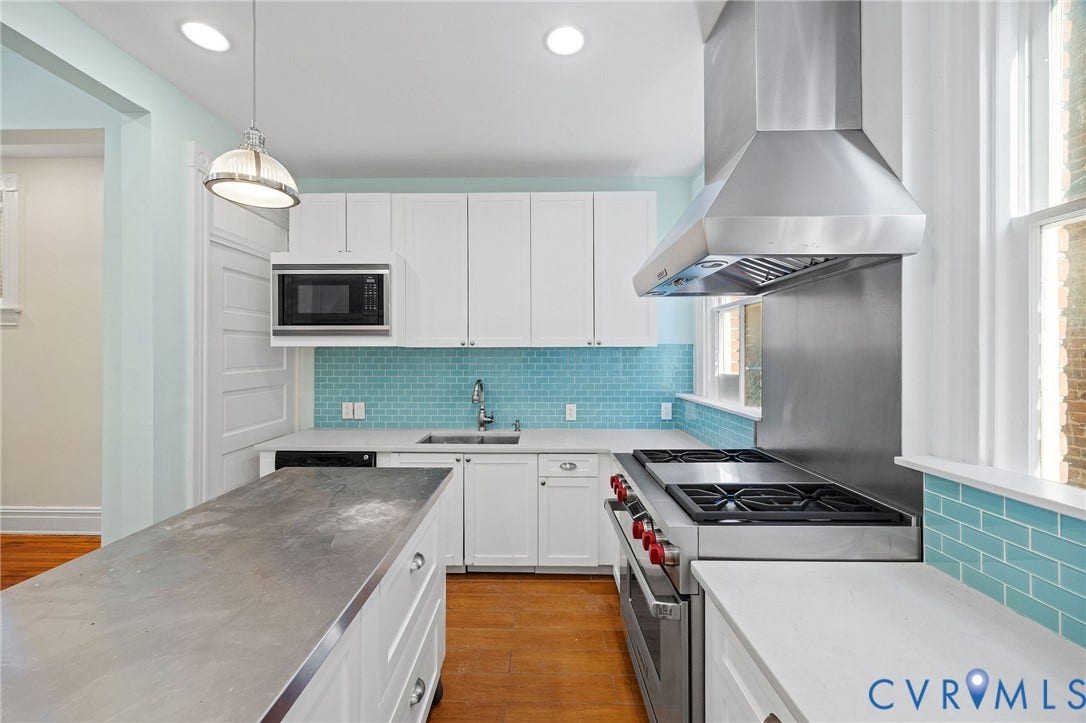 5 S Adams Street, Richmond, VA 23220 Kitchen with premium stove, exhaust hood, decorative backsplash, light wood-style floors, and white cabinetry