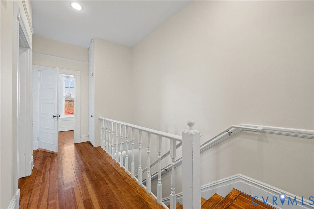 5 S Adams Street, Richmond, VA 23220 Hall featuring an upstairs landing, hardwood / wood-style flooring, and recessed lighting