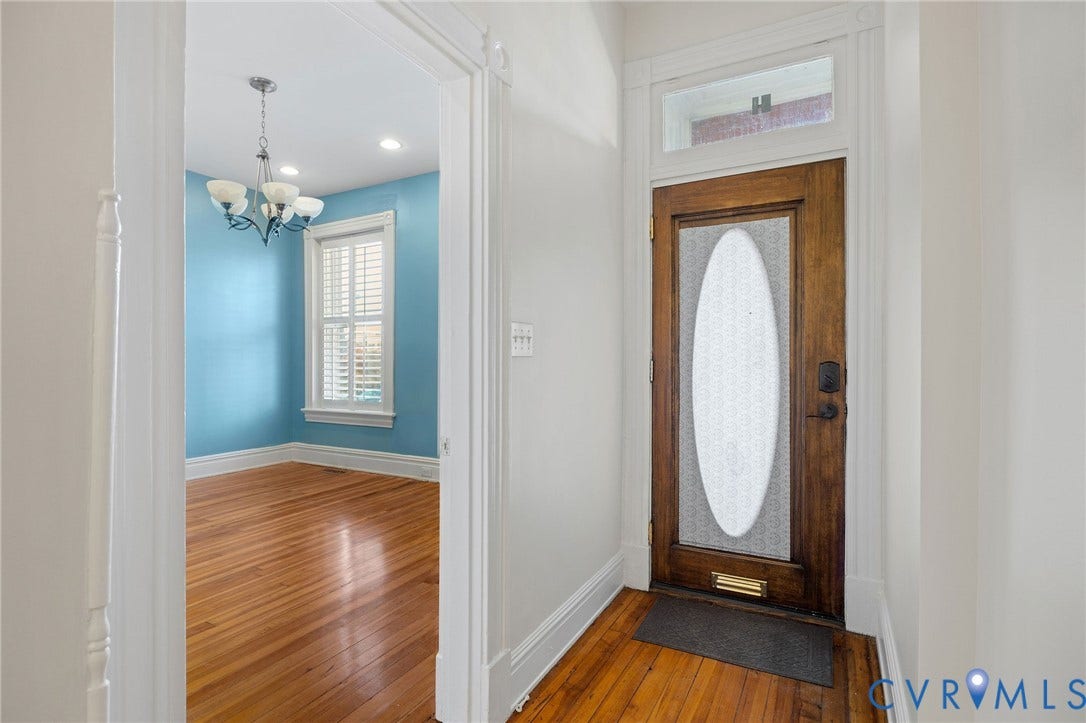 5 S Adams Street, Richmond, VA 23220 Foyer entrance featuring wood-type flooring, a chandelier, and recessed lighting