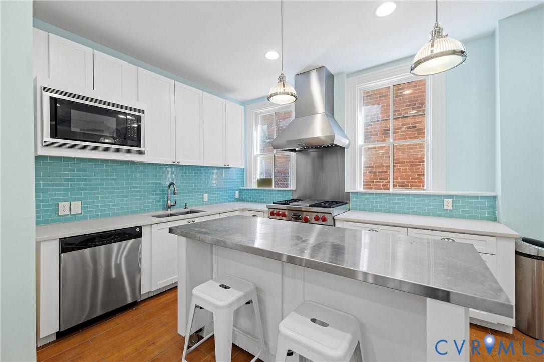 5 S Adams Street, Richmond, VA 23220 Kitchen with a kitchen bar, stainless steel counters, wall chimney range hood, appliances with stainless steel finishes, and backsplash