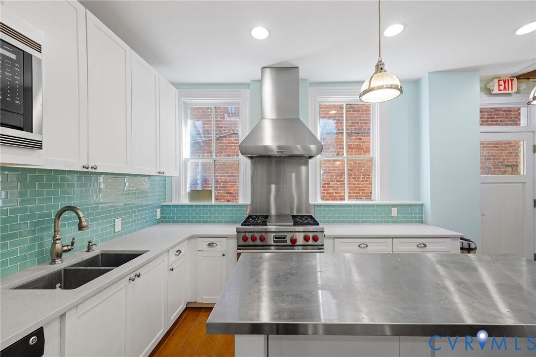 5 S Adams Street, Richmond, VA 23220 Kitchen with white cabinets, wall chimney range hood, built in microwave, and luxury stove