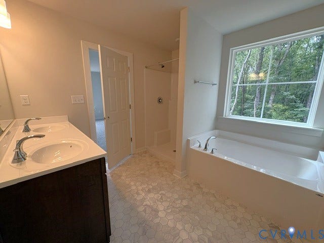 162 Bacon Bit Ln, Louisa, VA 23093 Dual sink vanity with white countertop, soaking tub, walk-in shower, and hexagon tile flooring